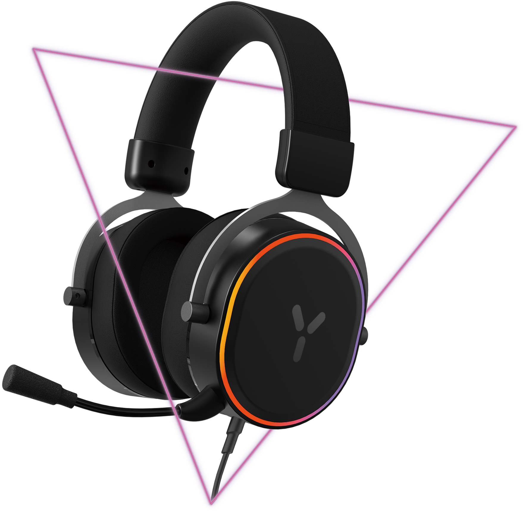 Schwarzes Gaming-Headset mit Mikrofon und einem Neon-Dreieck im Hintergrund.