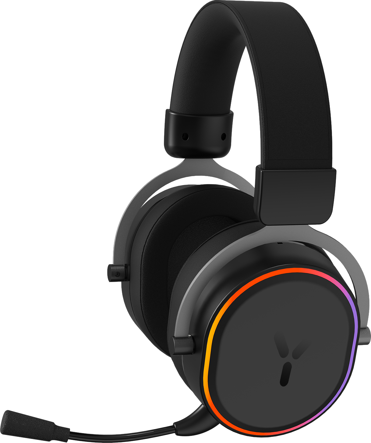 Schwarzes Gaming-Headset mit RGB-Beleuchtung um die Ohrmuscheln und einem Mikrofon.