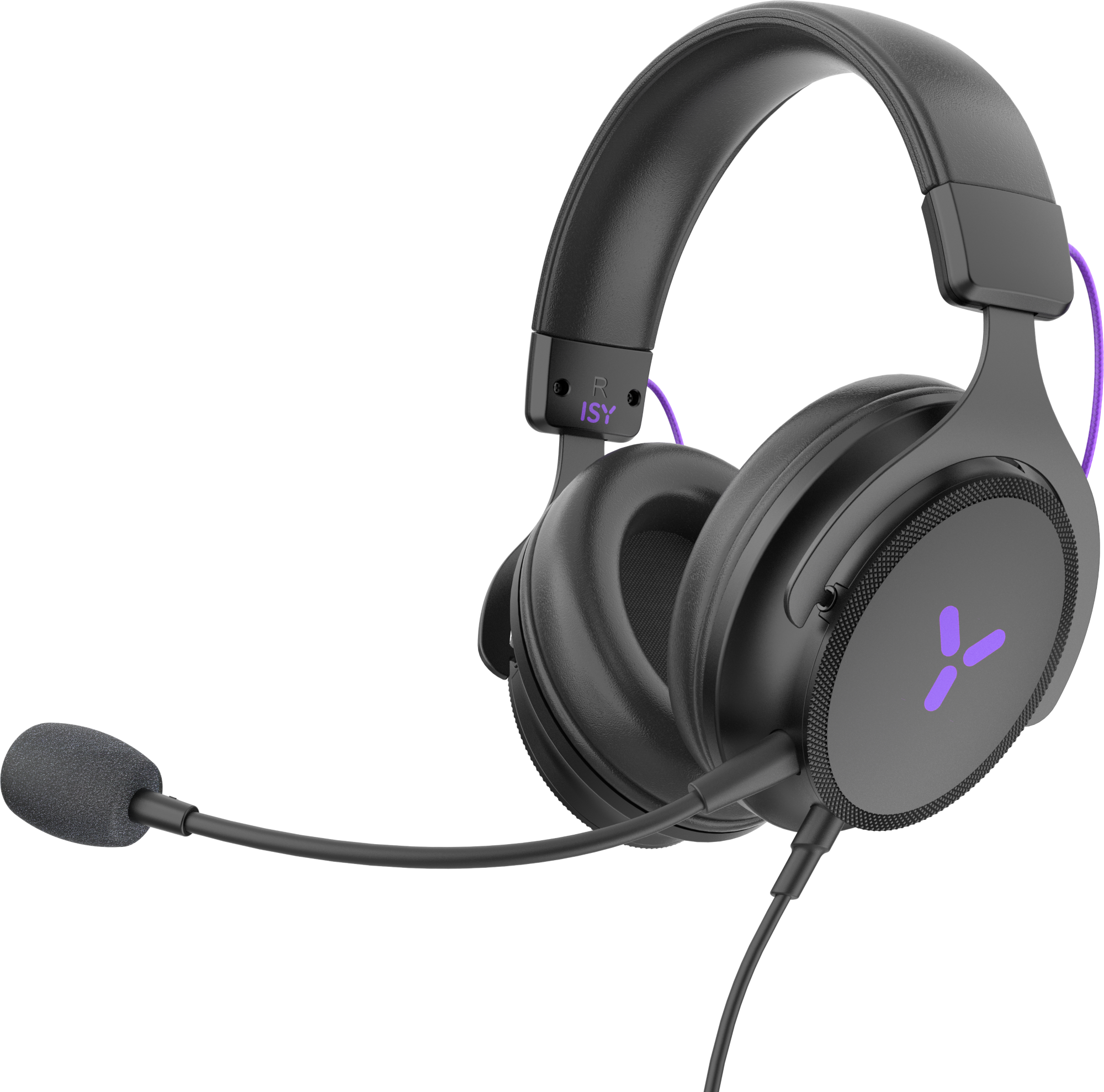 Schwarzes Gaming-Headset mit Mikrofon. Lila Akzente und schwarzer Hintergrund.