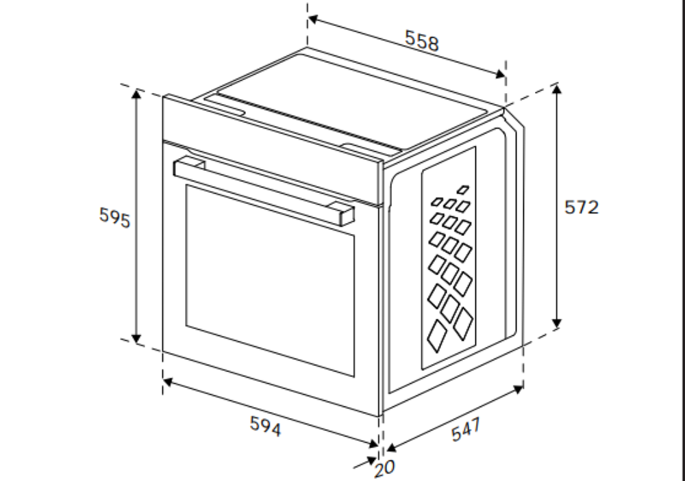 Diagrama de un horno con dimensiones. Muestra la parte delantera, lateral y superior del horno.