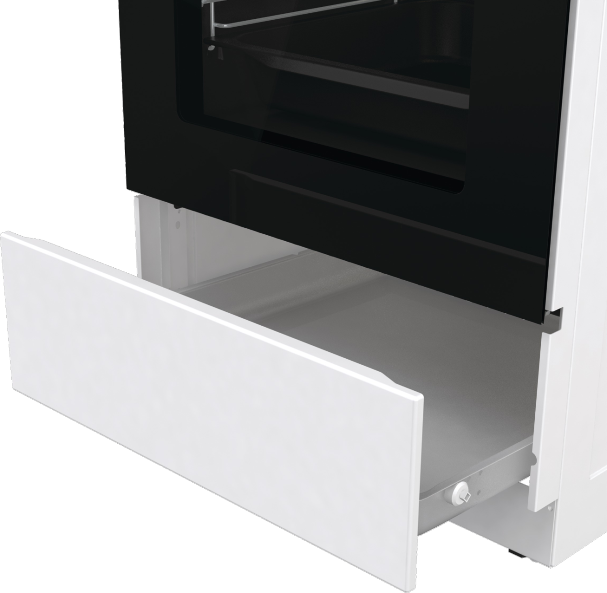 Ein Backofen mit geöffneter Schublade. Die Tür ist schwarz und weiß.