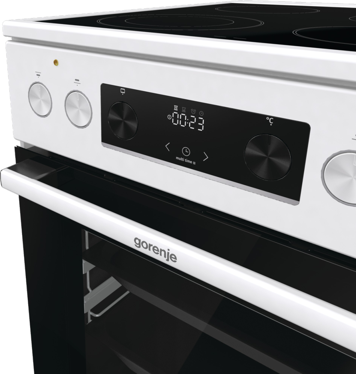 Weißer Gorenje-Ofen mit Digitalanzeige, die Zeit, Knöpfe und einen Griff anzeigt.