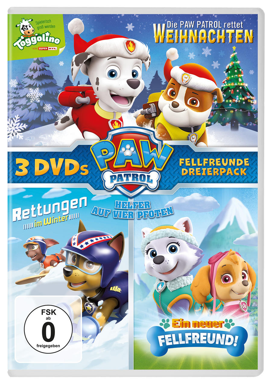 DVD-Cover von Paw Patrol Weihnachtsspecial mit Zeichentrickhunden. Schnee und ein Weihnachtsbaum sind im Hintergrund.