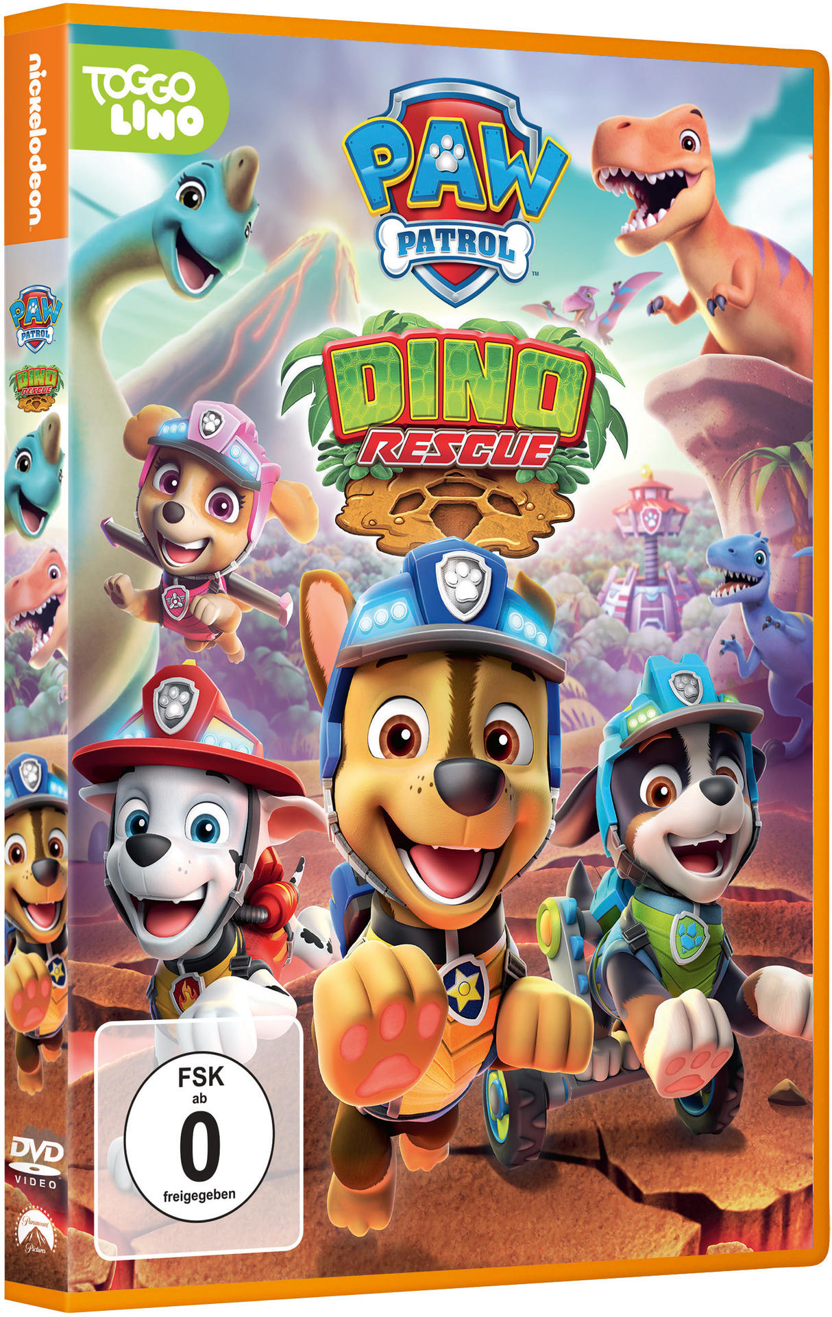 DVD-Cover von 'PAW Patrol Dino Rescue' mit Zeichentrickhunden und Dinosauriern in einer bunten Landschaft.