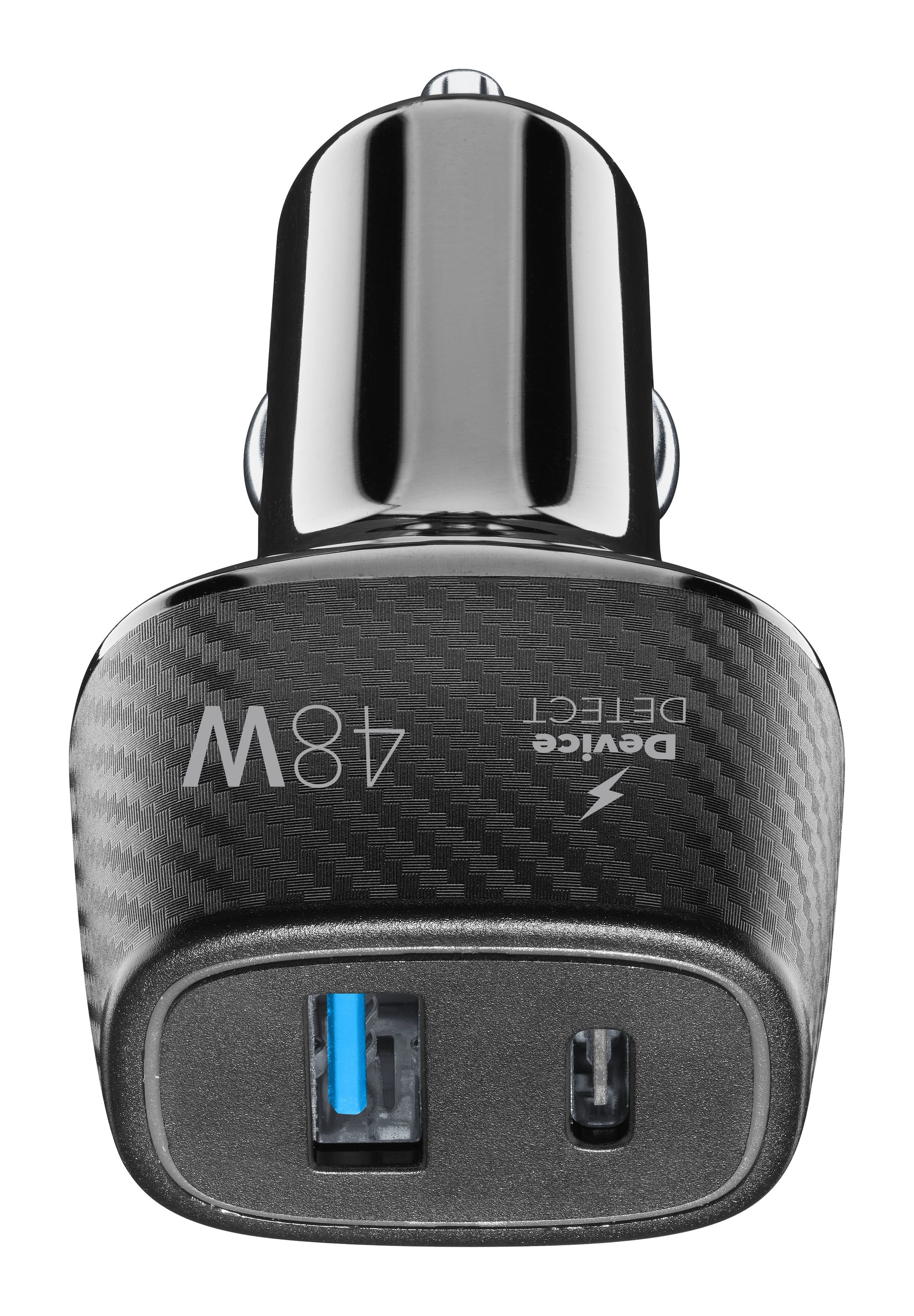 Un cargador de coche negro con el texto '48W' y un puerto USB.