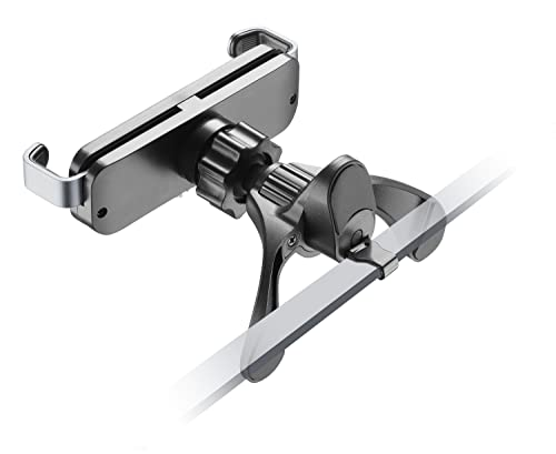 Soporte plateado para teléfono para automóvil. Se fija al parabrisas con una abrazadera y una articulación.