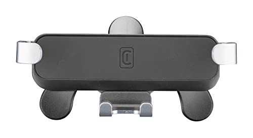 Soporte para teléfono de coche, negro y plateado, sobre fondo blanco.