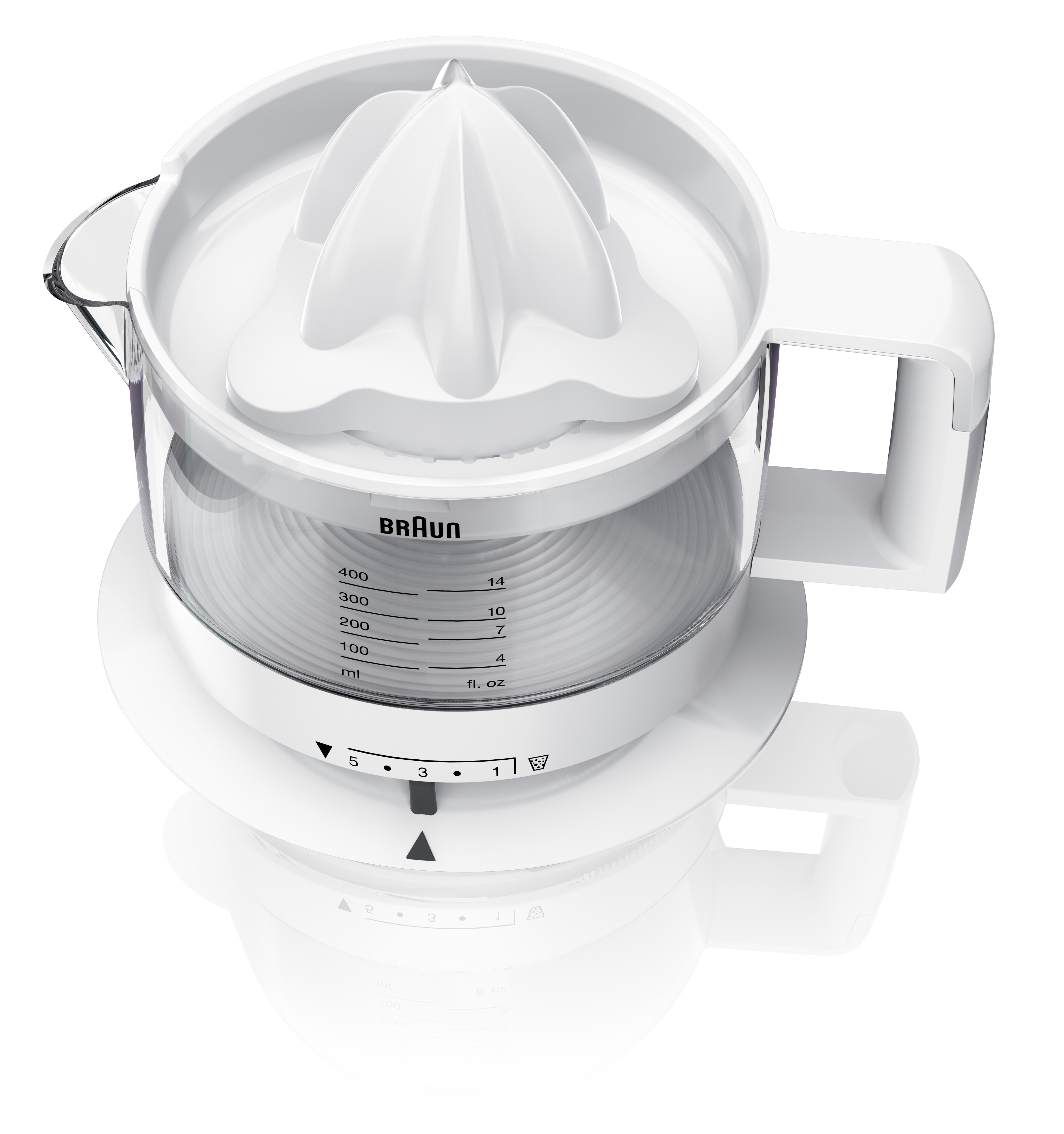 Exprimidor de cítricos Braun blanco desde arriba, mostrando sus partes y diseño.