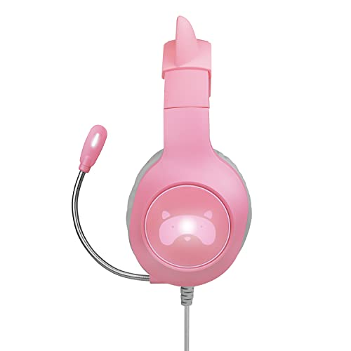 Auriculares rosas con micrófono. Los auriculares tienen diseño de oreja de gato.