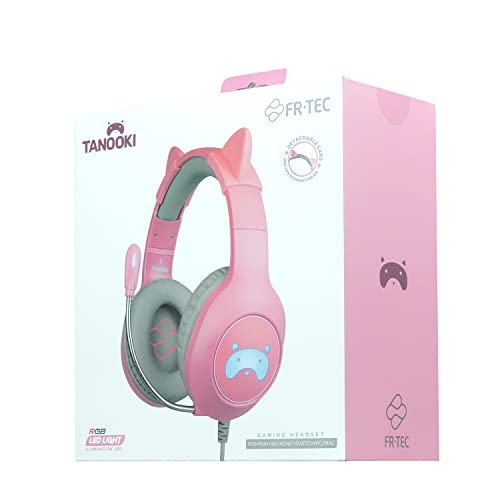 Caja rosa de auriculares gaming con orejas de gato. Dice FR-TEC y TANOOKI. Auriculares con copas grises.