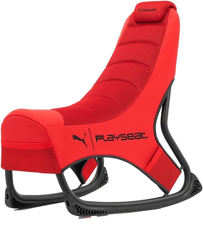 Silla gaming roja con marco negro, logo y malla.