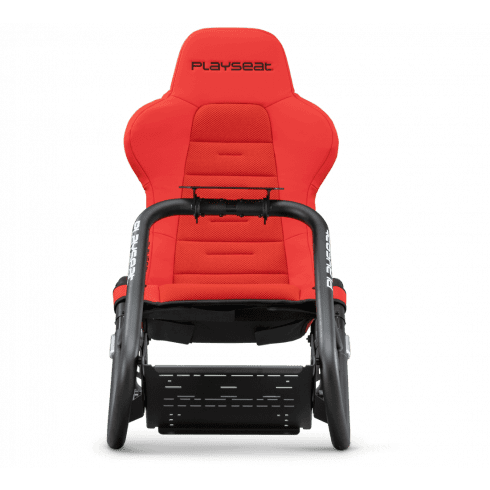 Silla de carreras roja con marco negro. PLAYSEAT está escrito en el reposacabezas. La silla está sobre una superficie negra.