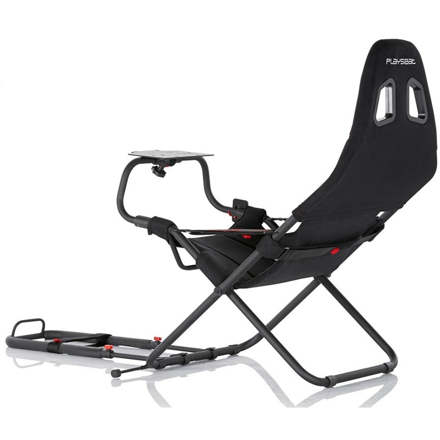 Una silla gaming negra con estructura metálica y asiento negro.