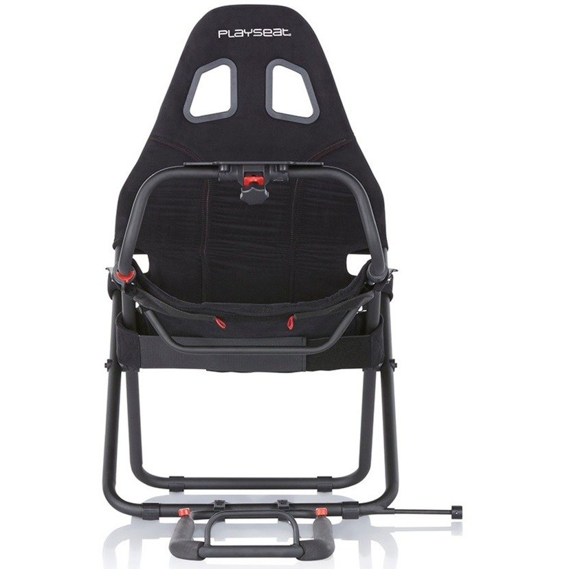 Silla gaming negra, vista trasera, con asiento y estructura. La silla tiene un diseño estilo carreras.