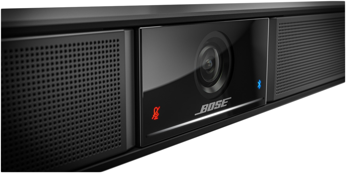 Soundbar BOSE logóval. Fekete, hangszóró rácsokkal és kamerával.