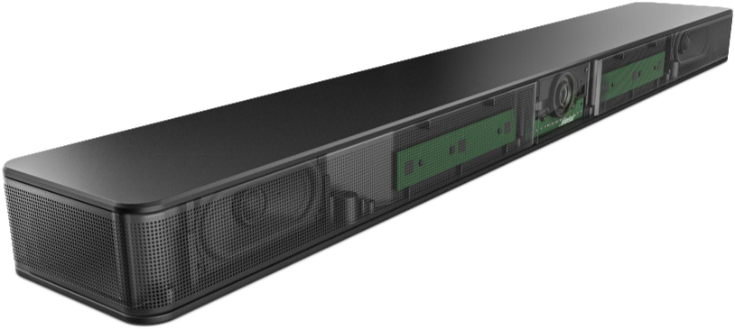 Fekete soundbar. Perforált előlappal és átlátszó résszel rendelkezik.