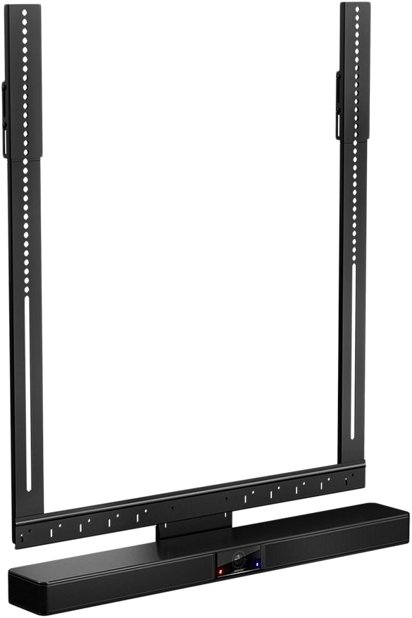 TV tartó és soundbar. Fekete, függőleges tartó lyukakkal és egy fekete soundbar alatta.
