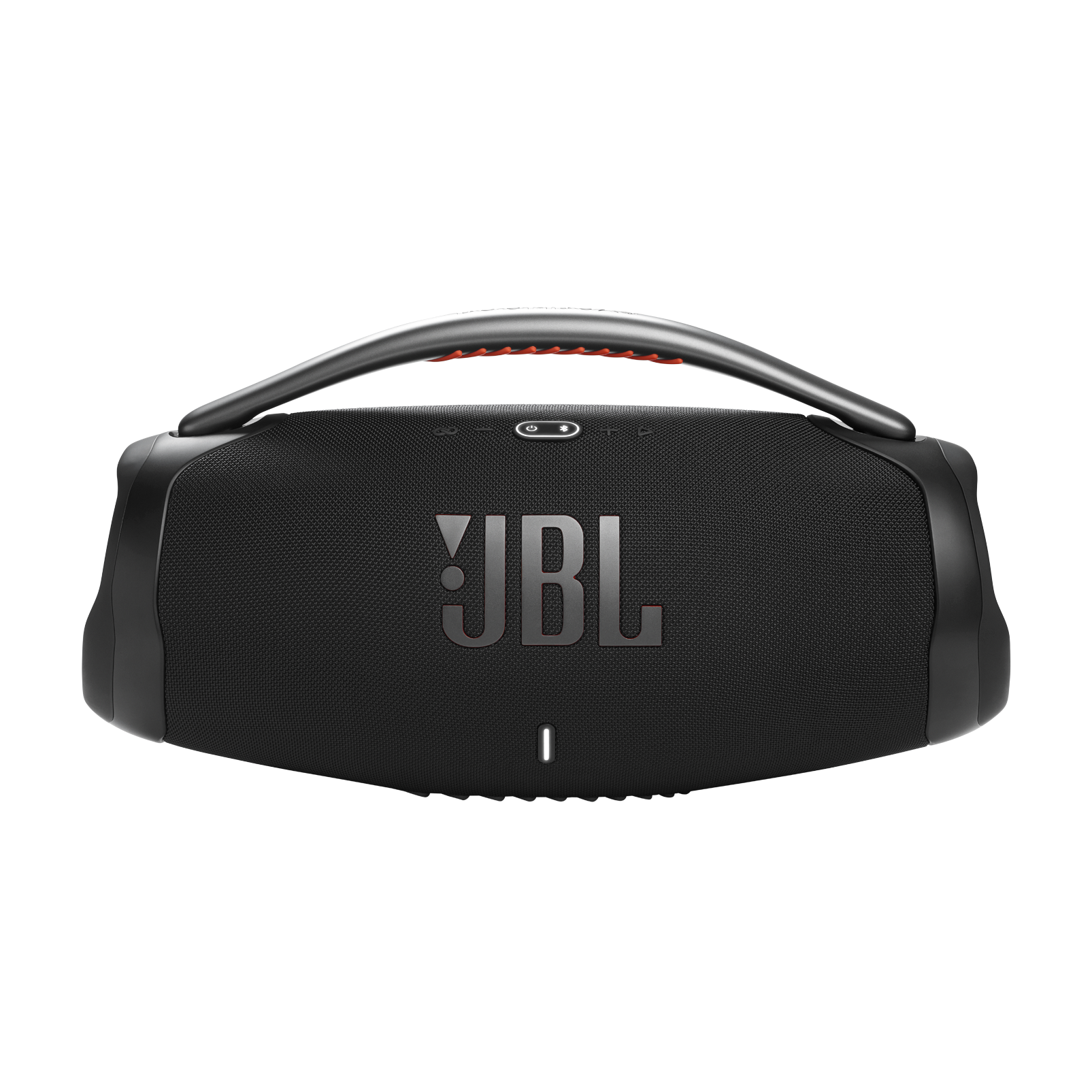 Altavoz JBL negro con asa. El logotipo de JBL es visible. El fondo es oscuro.