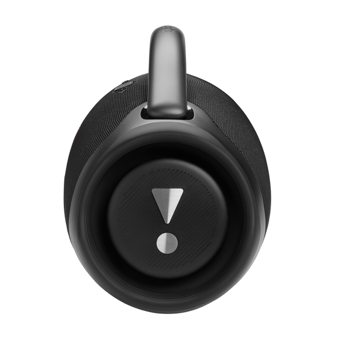 Altavoz negro, ovalado con asa y signo de exclamación blanco.