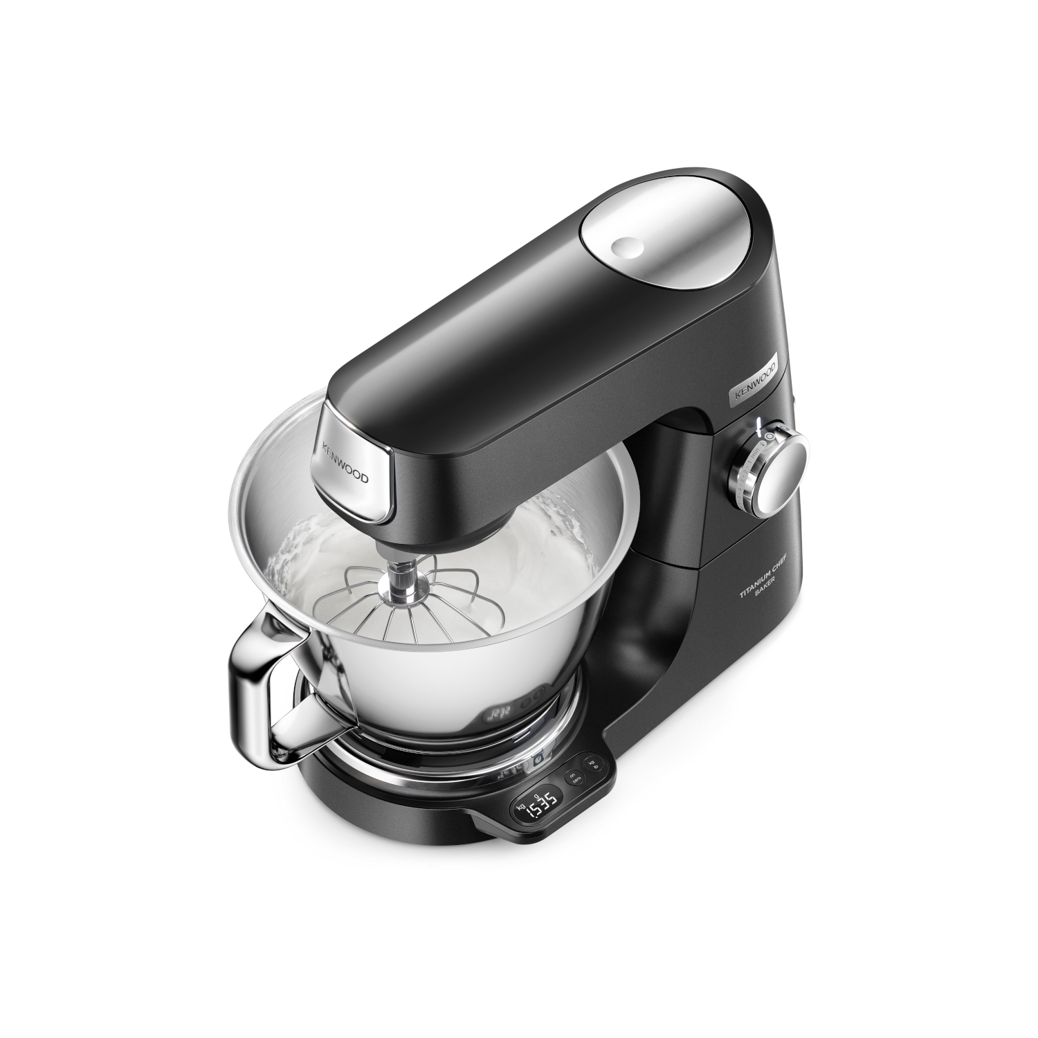 A black stand mixer with a stainless steel bowl and a silver top, with a scale screen on the base.