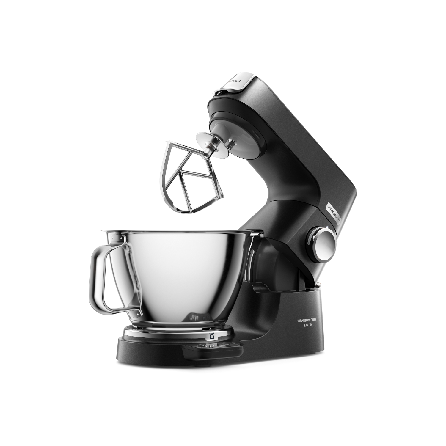 Black Kenwood kitchen mixer. The bowl and beater are silver. It is on a white background.