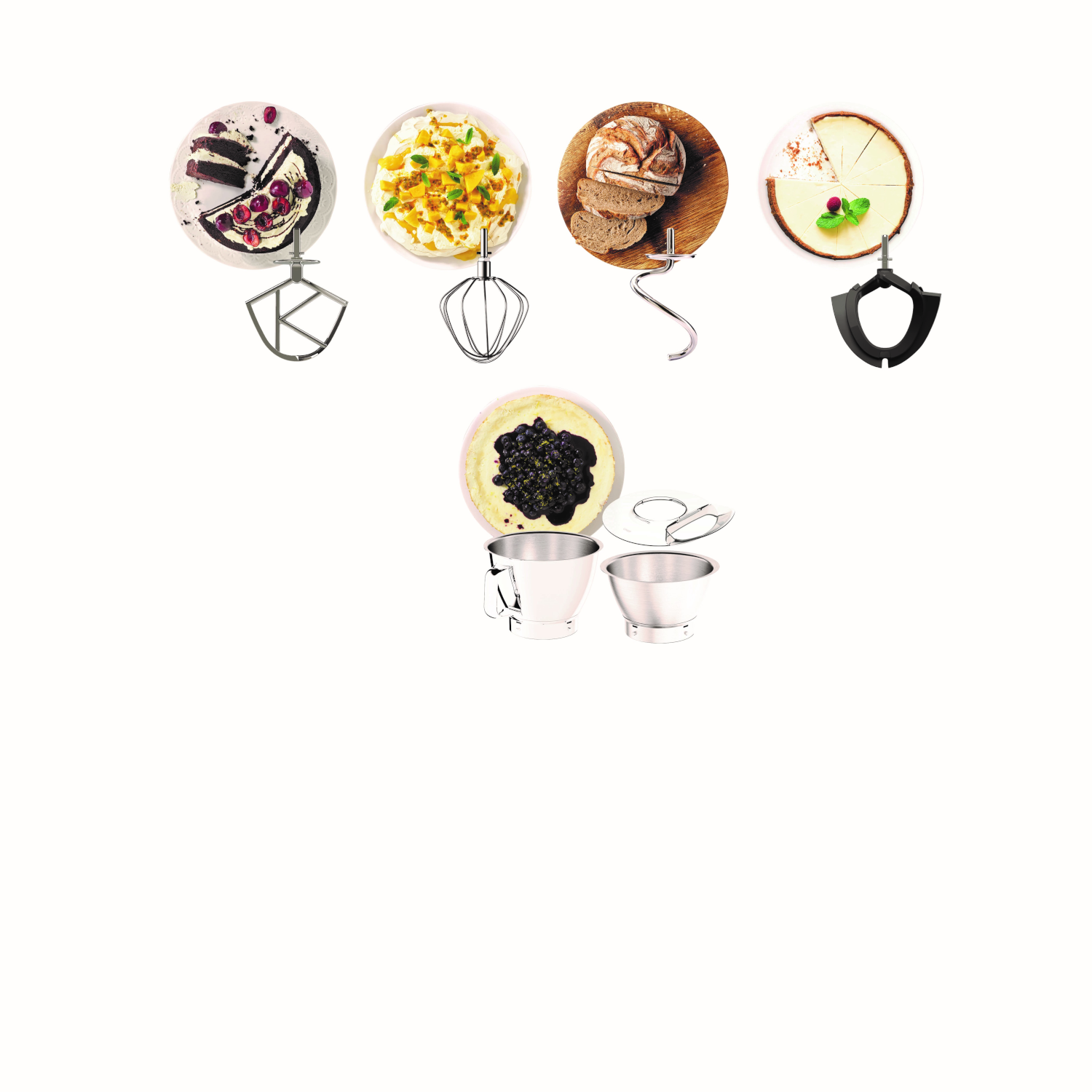 Assorted attachments and bowls for a stand mixer, with various food items in the bowls.