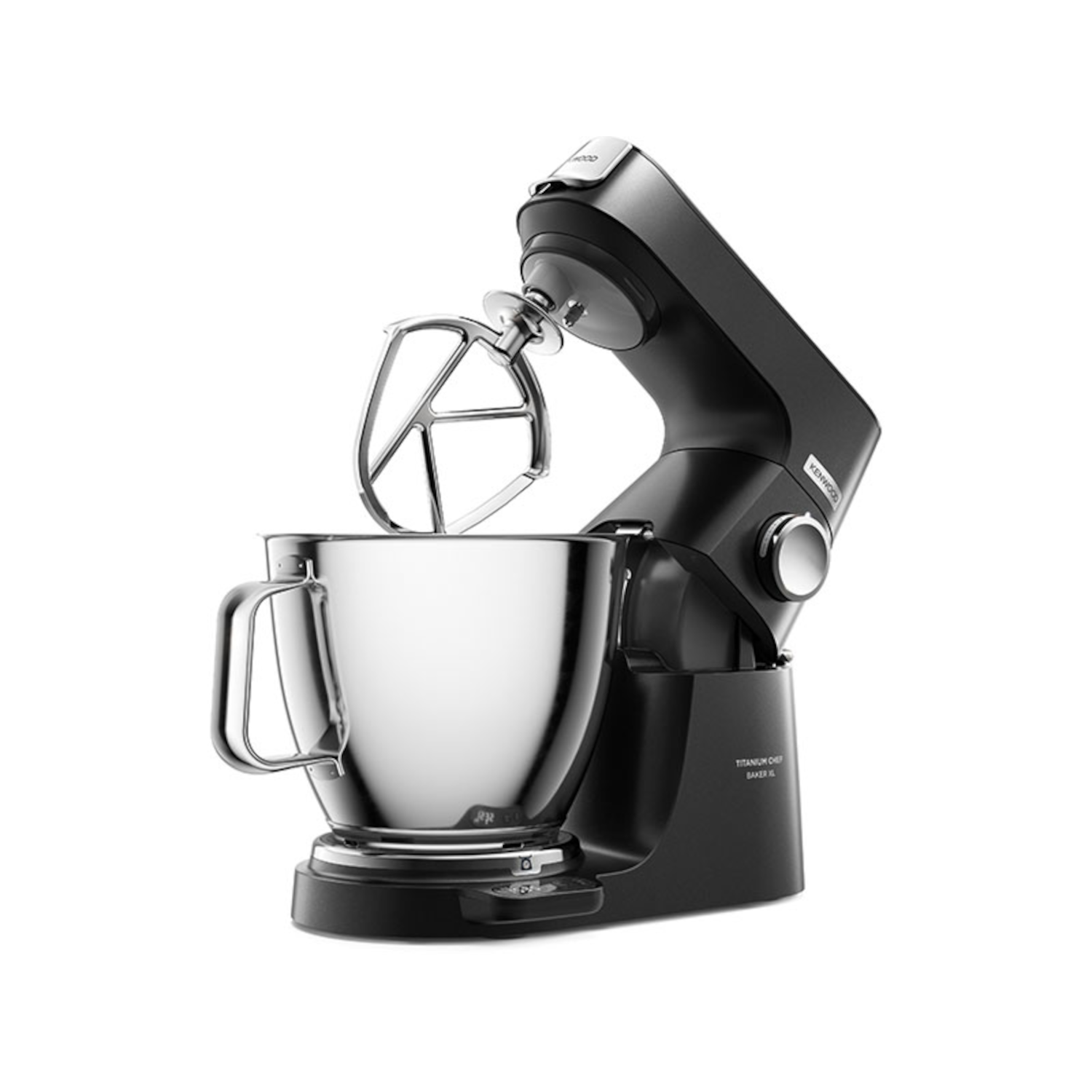 A black Kenwood stand mixer with a silver bowl and a mixing attachment, on a white background.