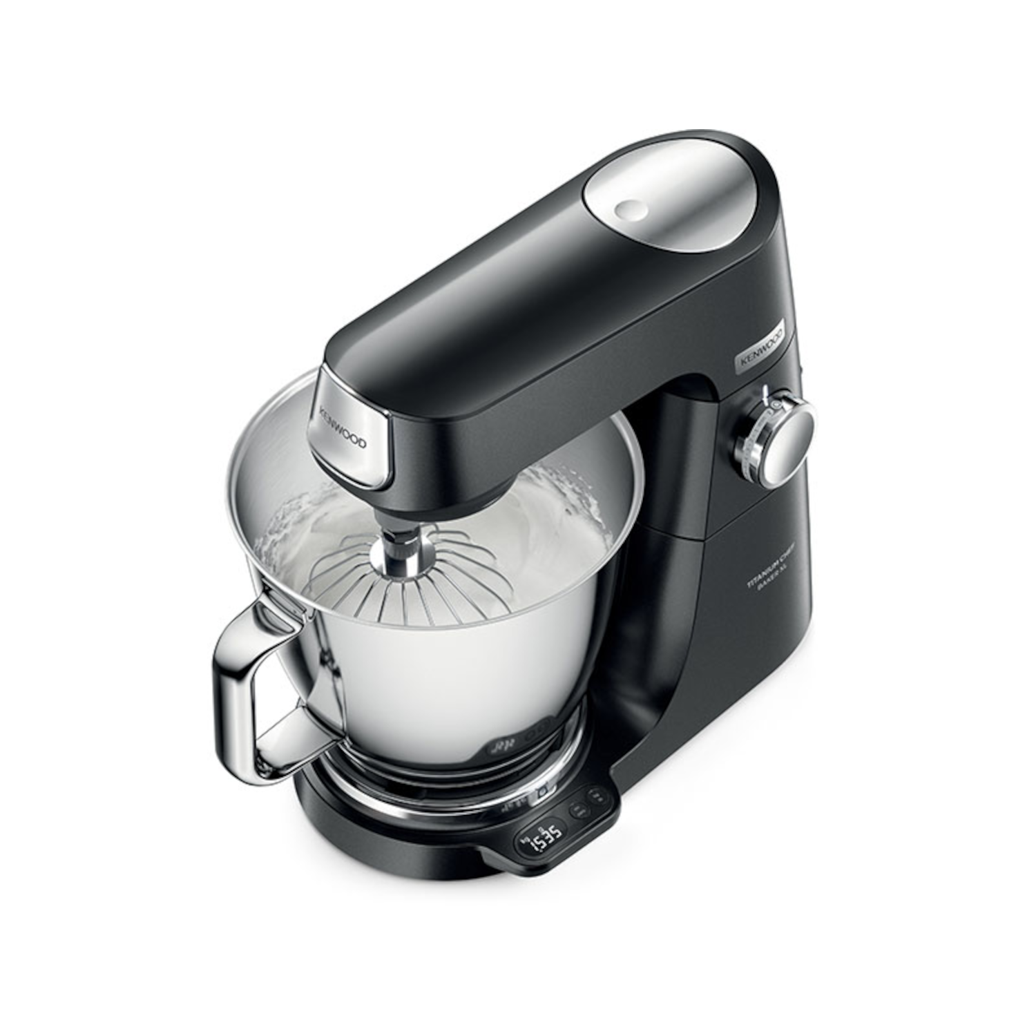 Black Kenwood food mixer. Silver bowl, whisk attachment and digital display.