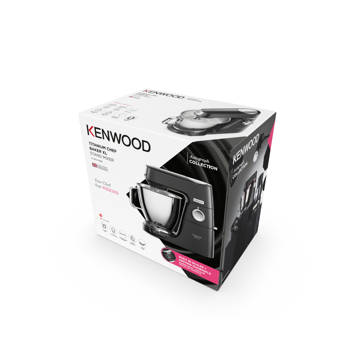 Kenwood kitchen appliance box. The box shows the appliance, and a stand mixer. The background is white.