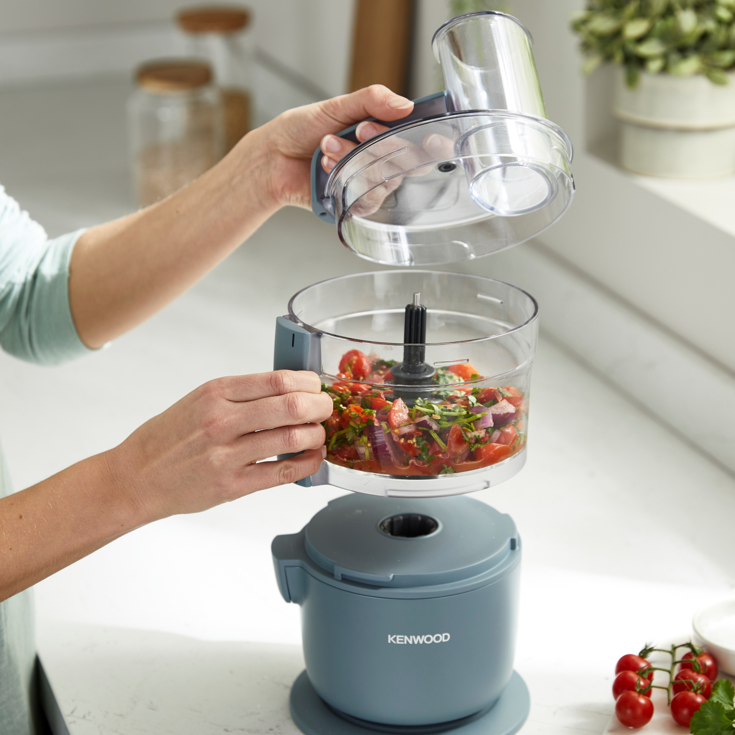 Person adding food to a food processor. Tomatoes, onions, and herbs are visible.