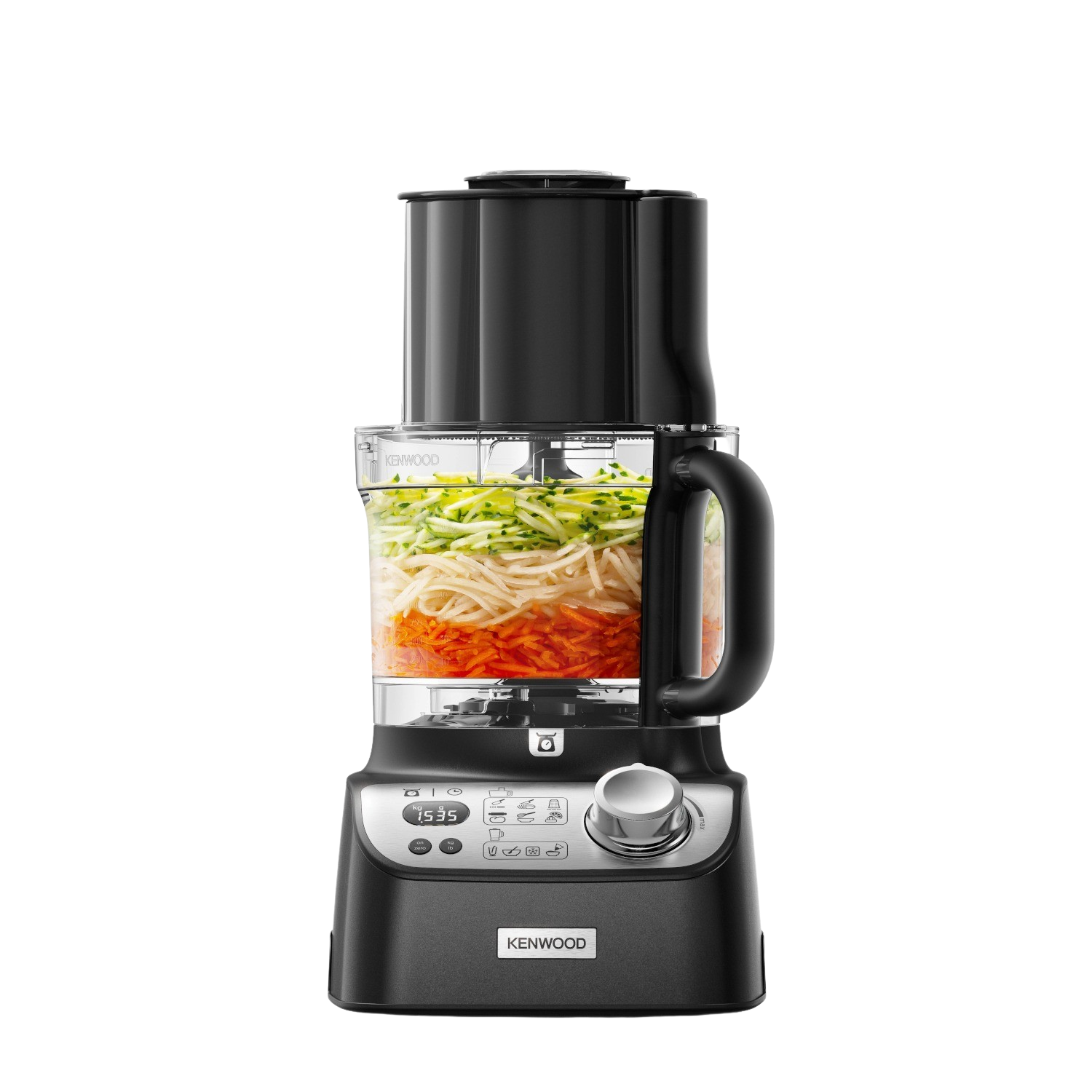 Black Kenwood food processor with chopped vegetables inside, isolated on black background.