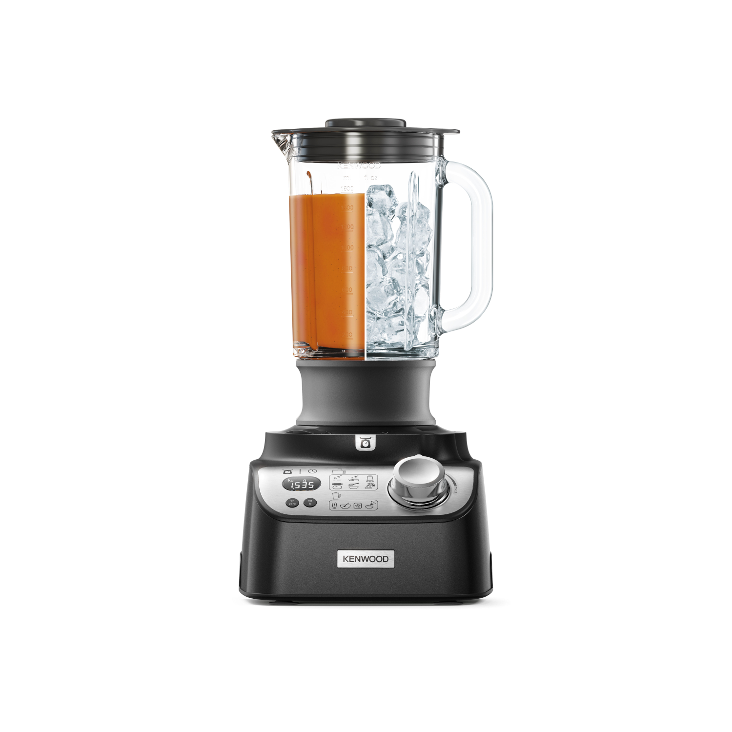 Black blender with two parts: one with orange liquid, the other with ice cubes. White background.