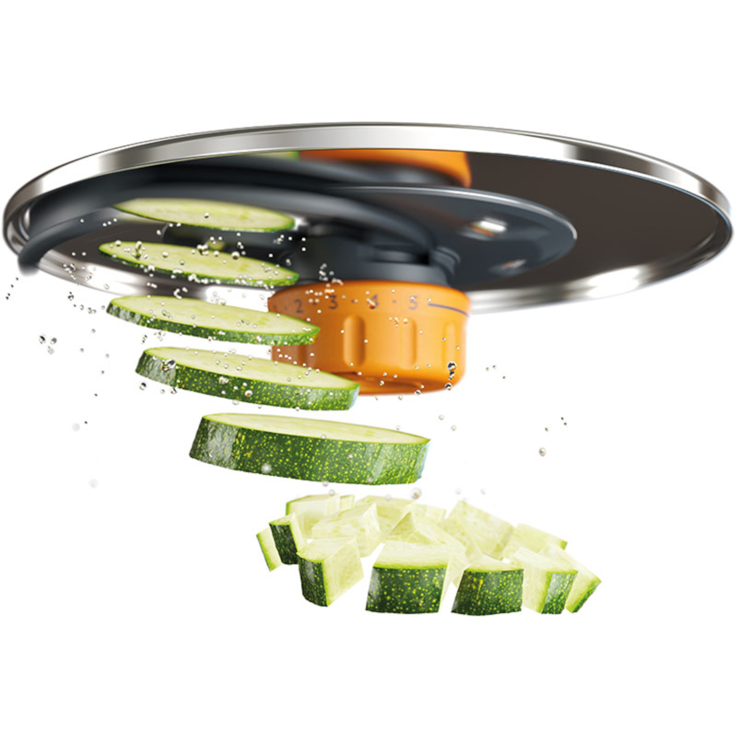 Orange vegetable cutter slicing zucchini into segments.