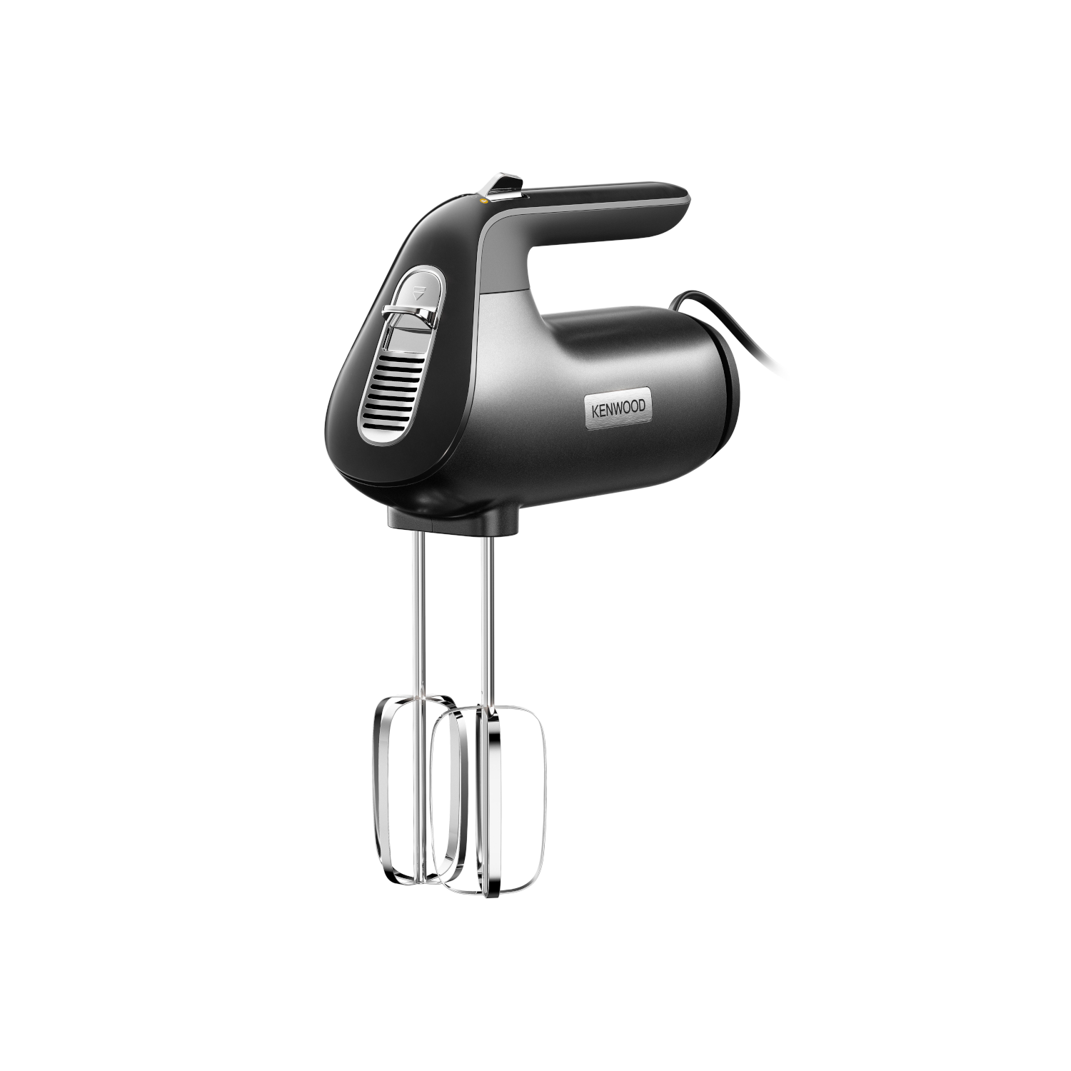 Black Kenwood hand mixer on white background. It has two silver beaters and a cord.