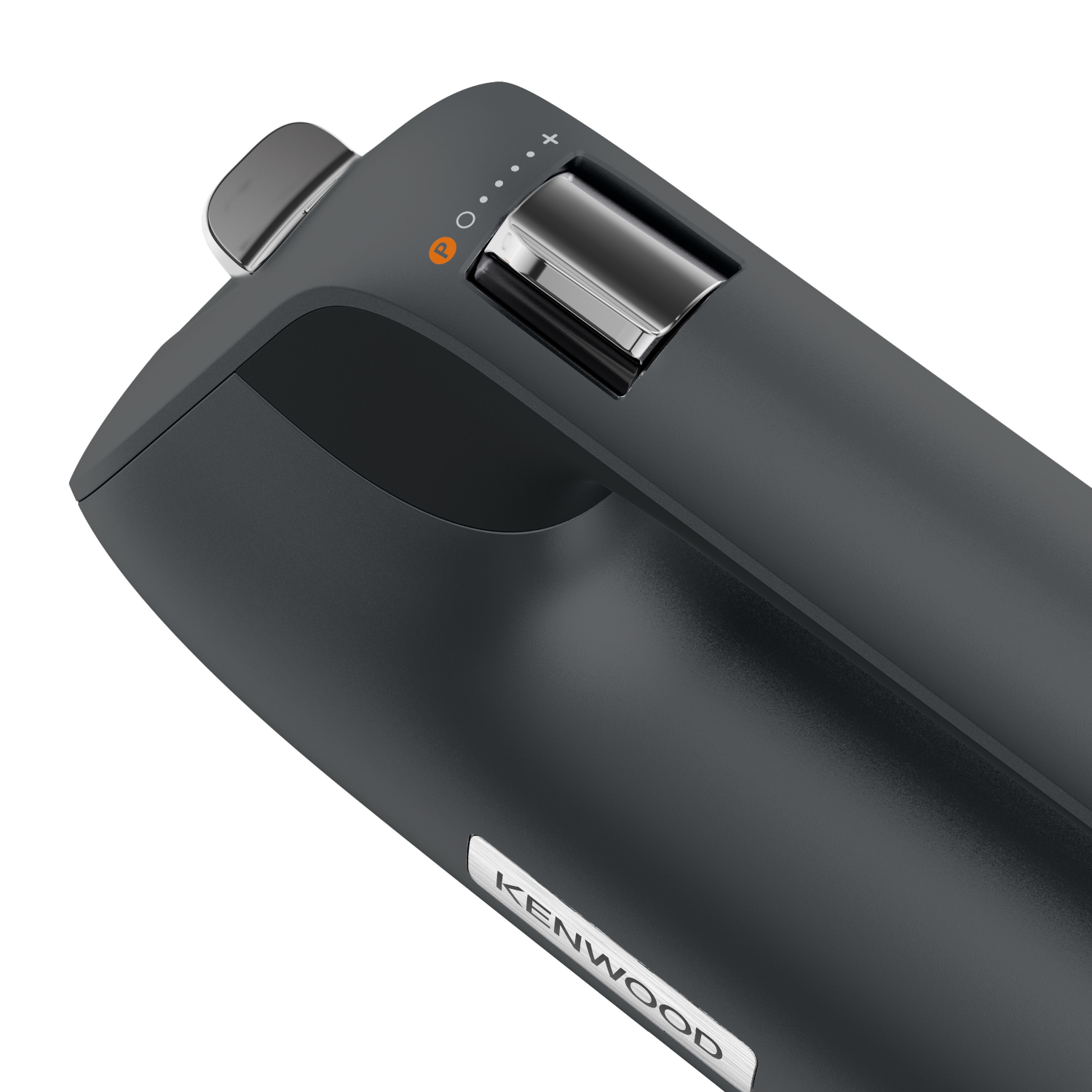 A dark gray Kenwood hand mixer with a black handle. It's shown on a white background.