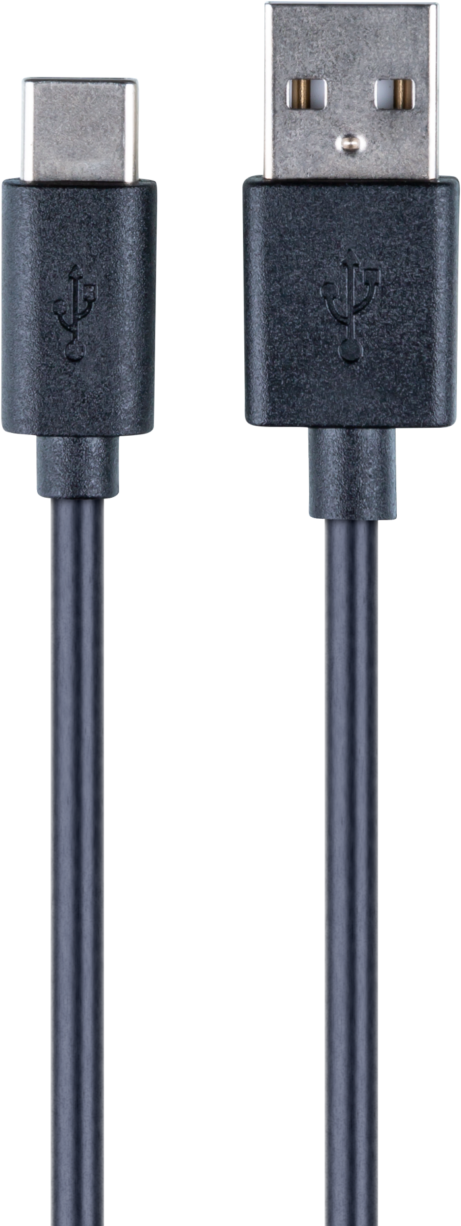 Egy sötétkék USB-C-USB-A kábel. A csatlakozók láthatók.