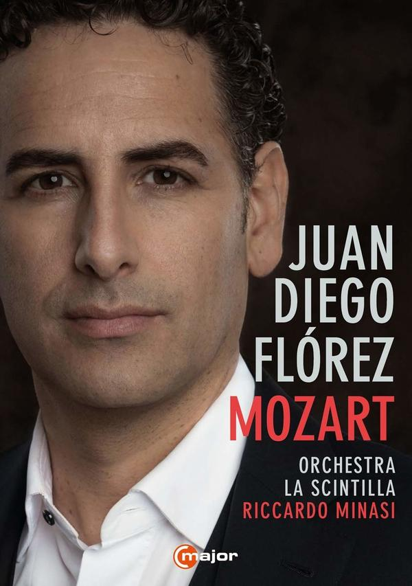 Albumcover: Das Gesicht eines Mannes mit dem Text "Juan Diego Flórez Mozart" und Orchesterdetails.