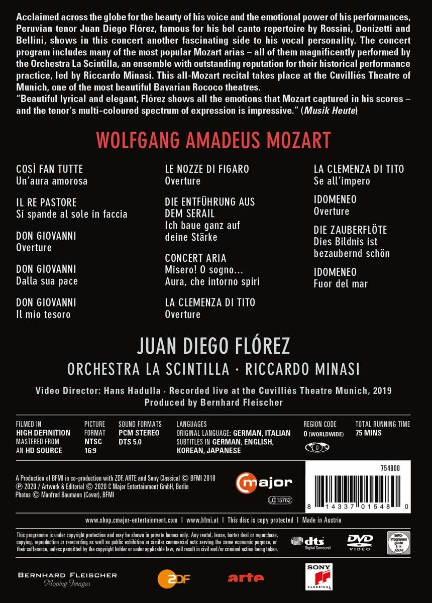 Rückseite einer DVD. Sie listet die Mozart-Kompositionen, Namen der Künstler und Produktionscredits auf.