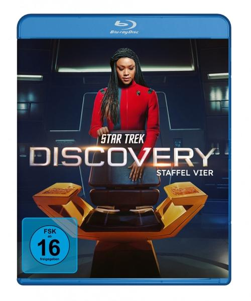Blu-ray-Cover von Star Trek Discovery. Eine Frau in roter Uniform sitzt auf einem Kommandosessel.