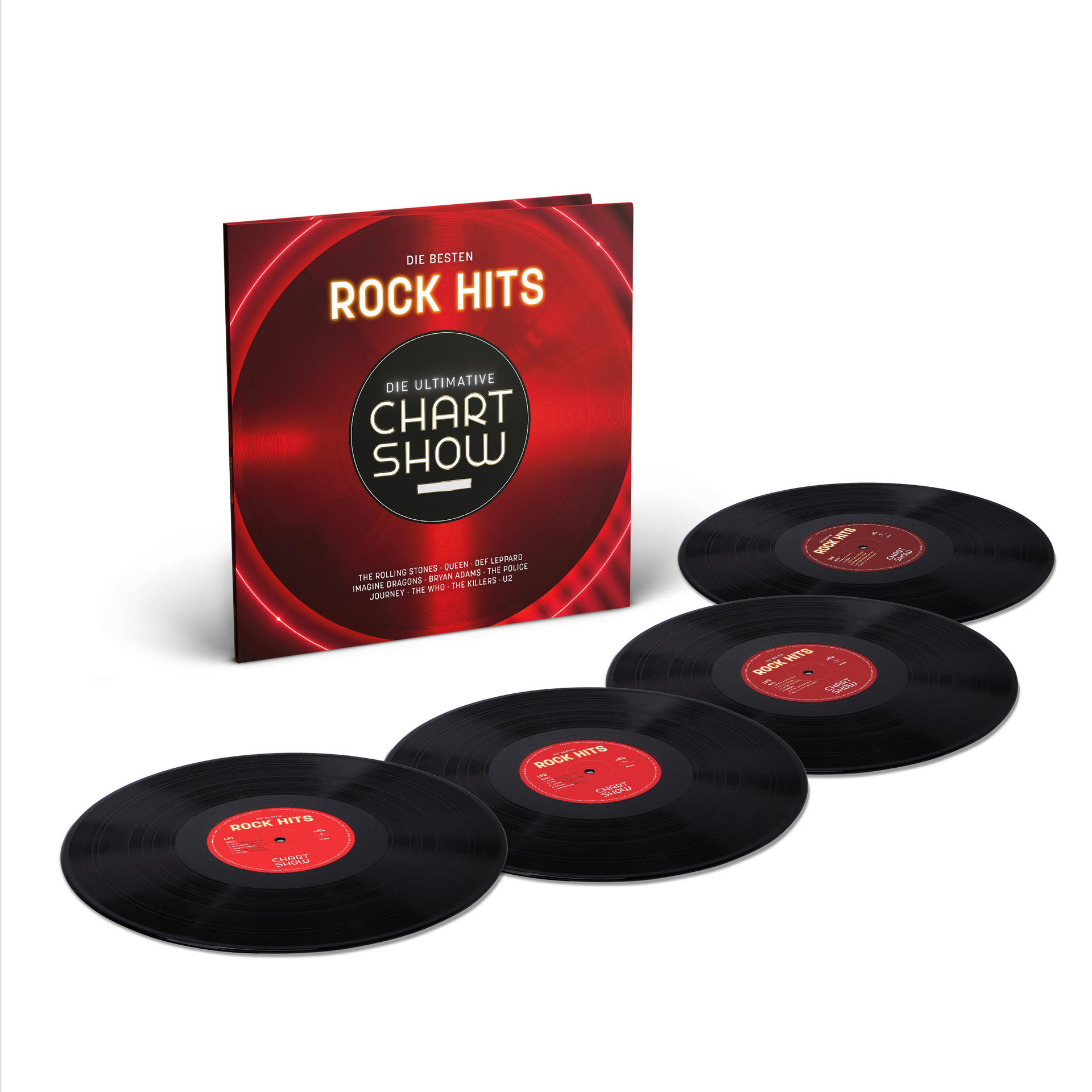 Albumcover und Schallplatten, Rock Hits, rot-weißes Cover, vier schwarze Schallplatten.