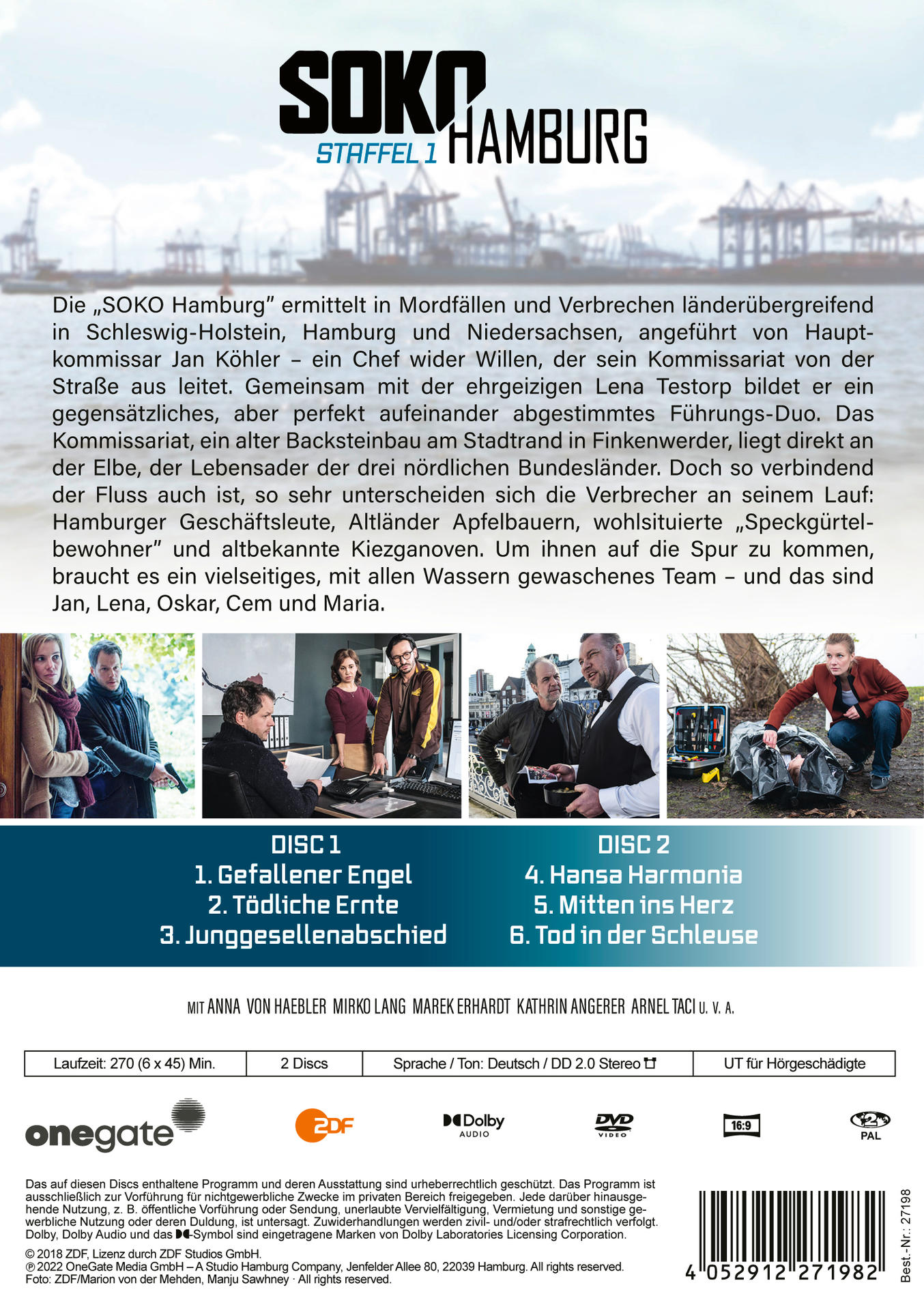 DVD-Cover: Eine Zusammenstellung von SOKO Hamburg-Episoden. Bilder von Schauspielern, einem Hafen und Text.