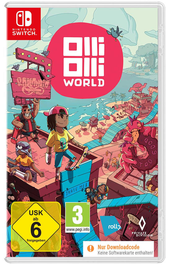 Nintendo Switch Spielbox: OlliOlli World, mit Cartoon-Figuren in einer bunten Umgebung.