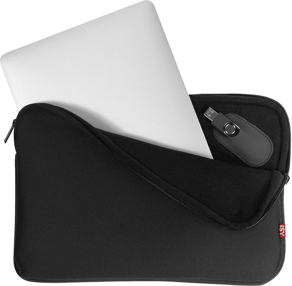 Zwarte laptoptas met een laptop erin en een USB-stick.