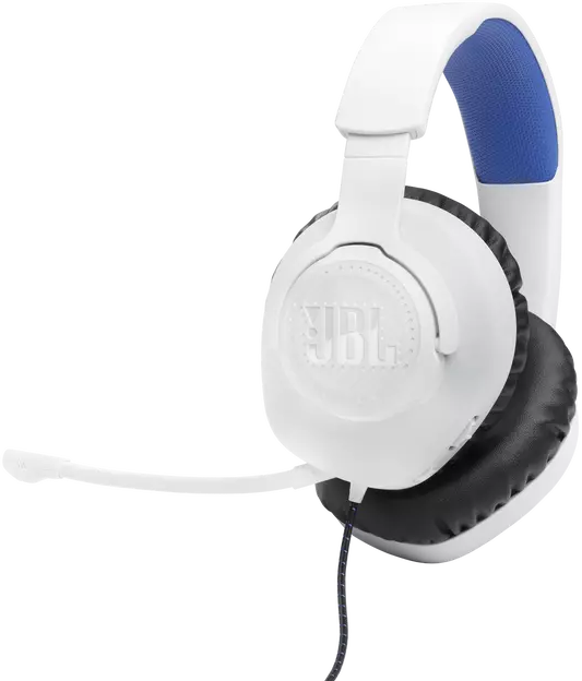 Witte JBL gaming headset met een microfoon en blauwe accenten.