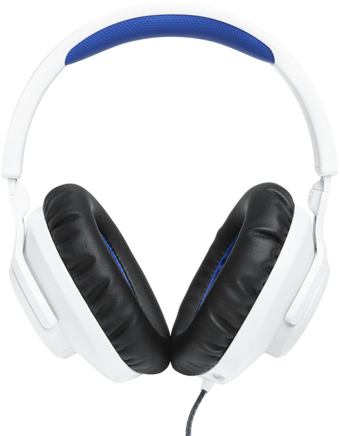 Witte headset met blauwe details en zwarte oorkussens. Witte achtergrond.