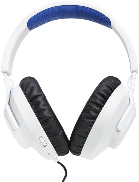 Witte koptelefoon met zwarte oorkussens en een blauwe hoofdband.