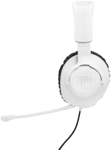 Witte JBL gaming headset met een microfoon, geïsoleerd tegen een witte achtergrond.