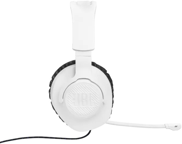 Witte koptelefoon met microfoon. Het JBL-logo is zichtbaar op de oorschelp.