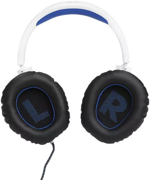 Witte koptelefoon met zwarte oorschelpen en blauwe accenten, met de letters L en R.