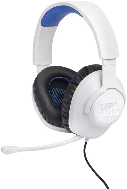 Een witte gamingheadset met een microfoon. Het heeft zwarte oorschelpen en blauwe accenten. De achtergrond is wit.